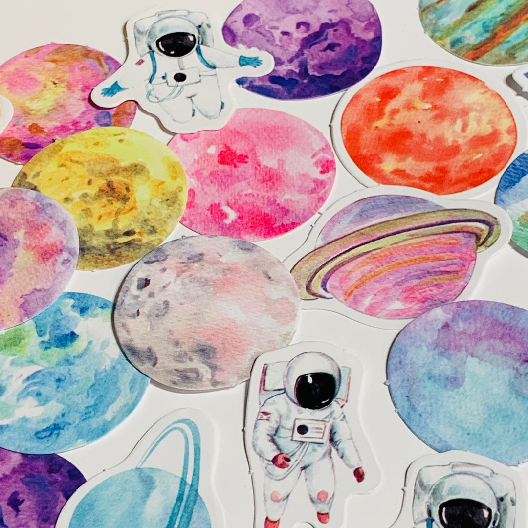 RAINBOW PLANETS & ASTRONAUTS Peelable Stickers  ~ 46 Pieces ~ Each Sticker is Approximately 38mm