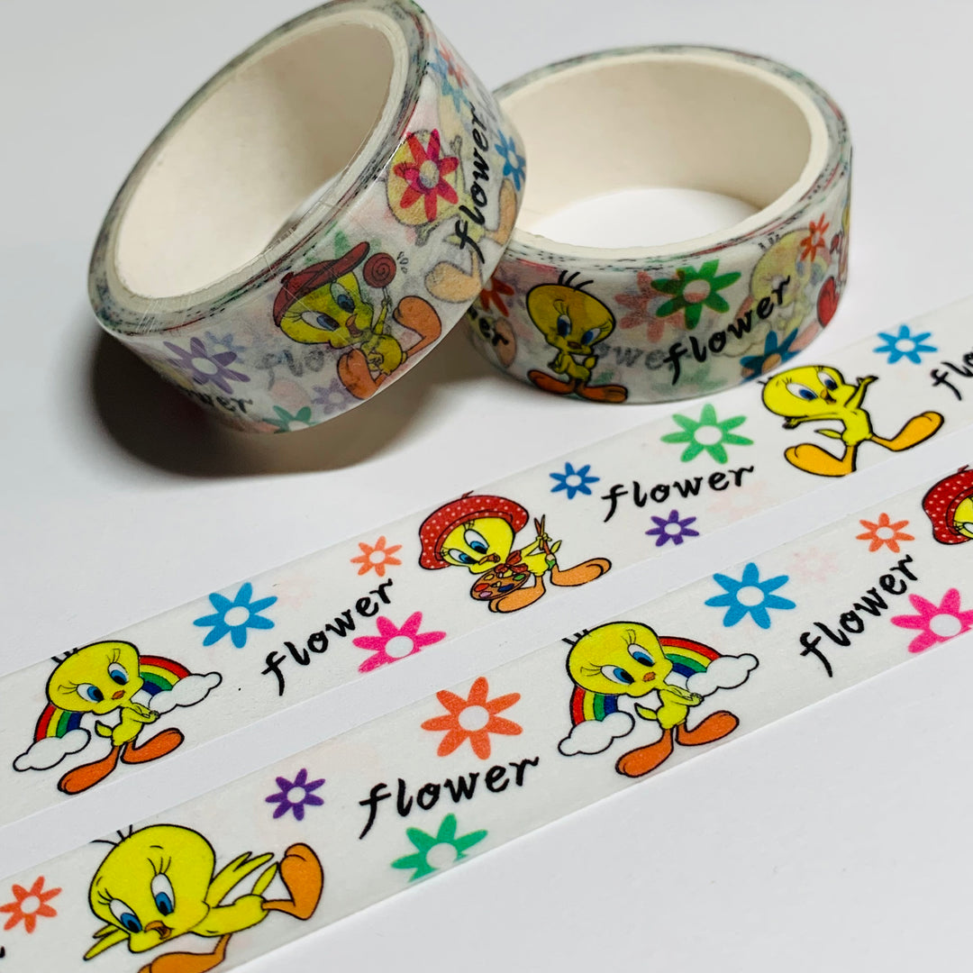 CARTOON BIRD SHOWING OFF For FANS White Washi Tape ~ 1 Roll ~ 15mm x 5m (16 Feet)