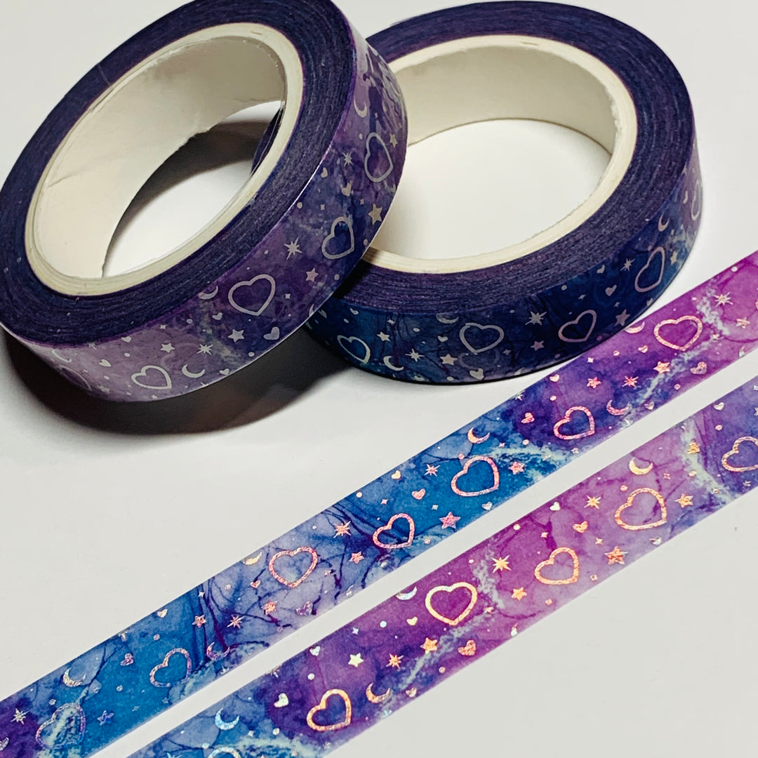 CLUSTERED HEARTS STARS & MOONS Holographic Silver Foil Washi Tape ~ 1 Roll ~ 10mm x 10m (33 Feet)