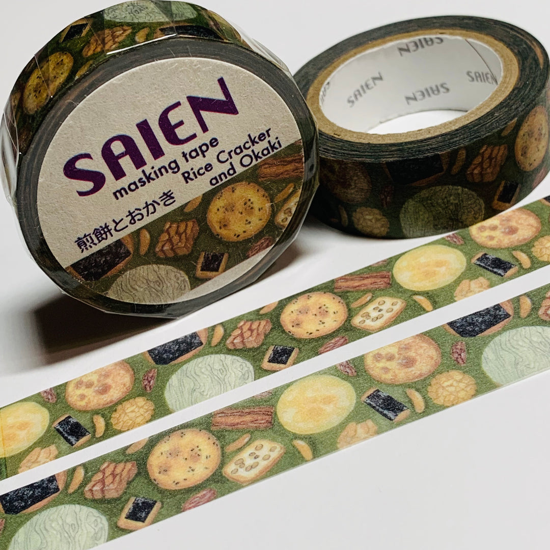 OKAKI & RICE CRACKERS Food Saien Masking Washi Tape - 1 Roll - 15mm x 10m (33 Feet)