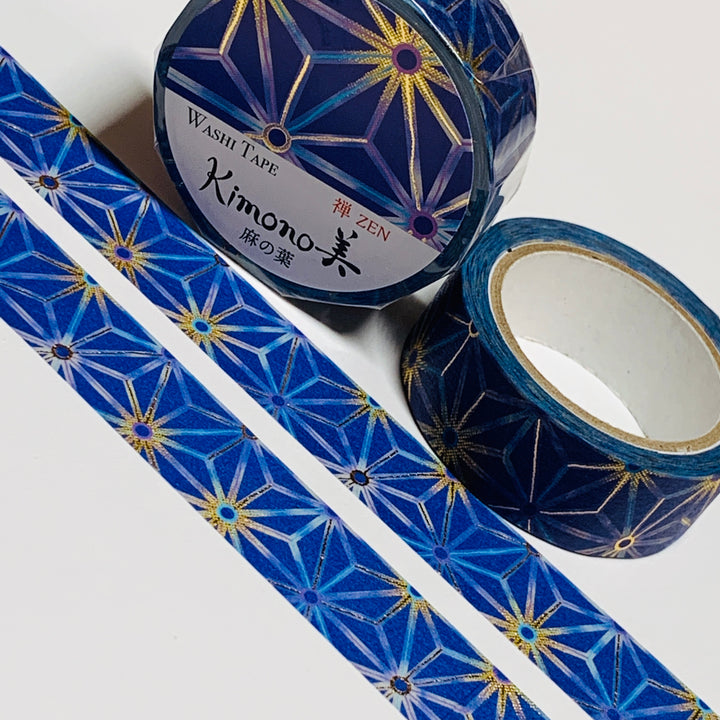 KIMONO HEMP LEAF BLUE & Gold Foil Saien Washi Tape ~ 1 Roll ~ 15mm x 7m (23 Feet)