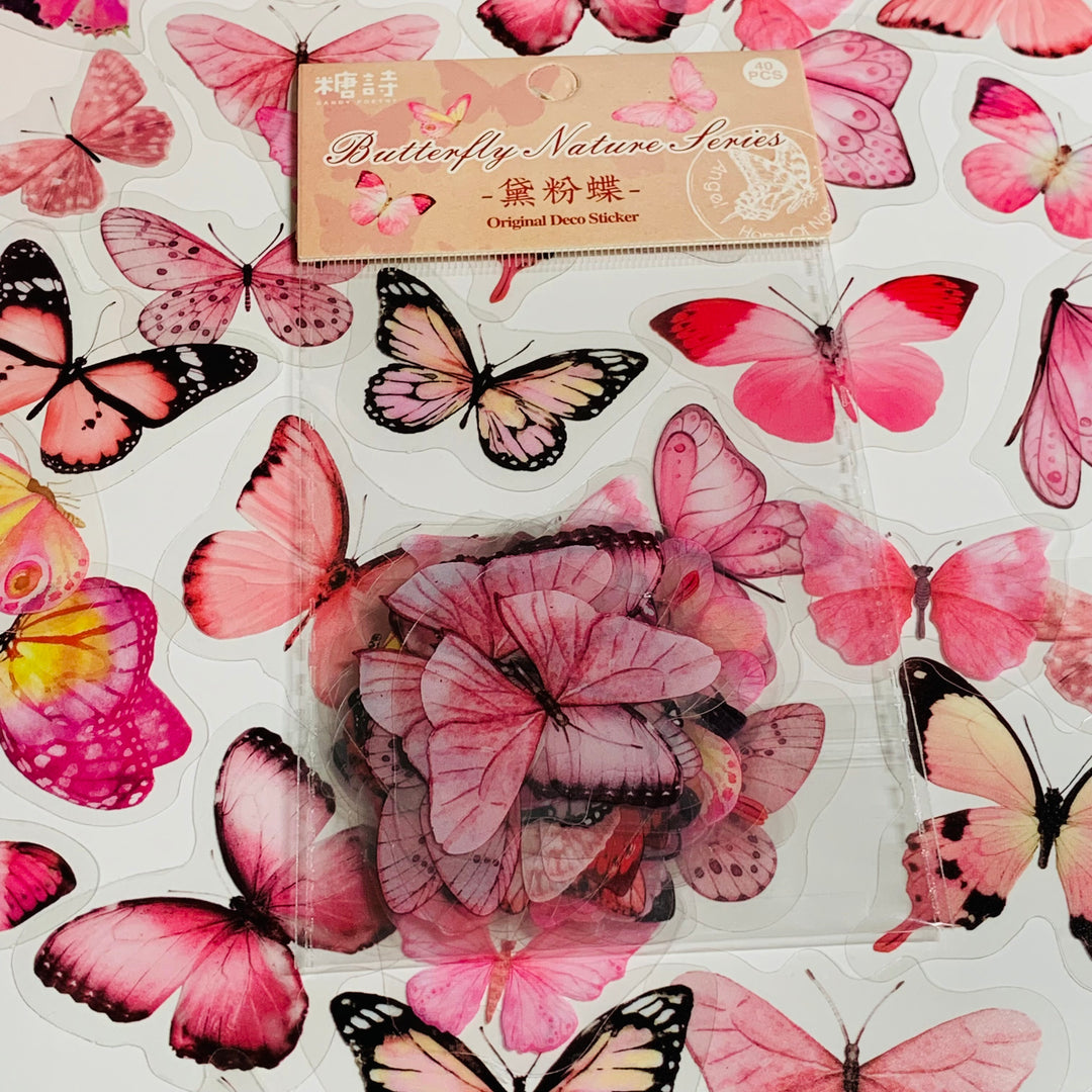 PINK BUTTERFLY NATURE Series Transparent Peelable Stickers ~ 40 Stickers - 40 to 50mm In Size