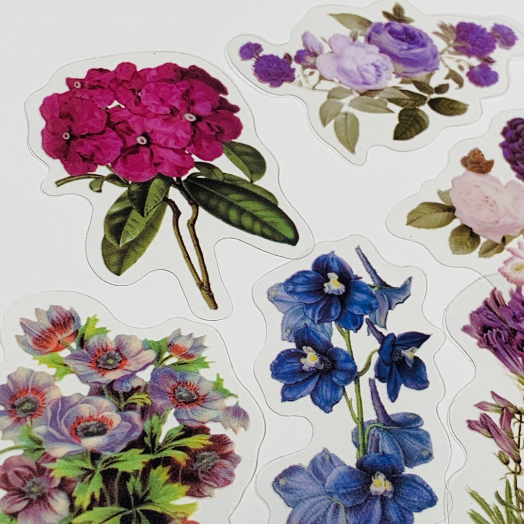 ROMANTIC BLUE & PURPLE WILDFLOWERS Peelable Stickers Pack ~ 40 Pieces, Each Sticker 85-105mm