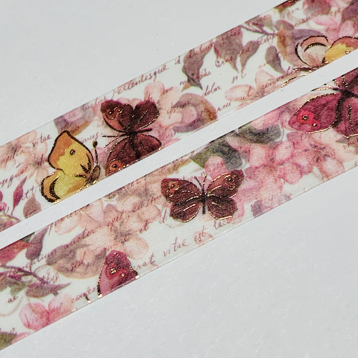 POETRY & PROSE BUTTERFLY Rose Gold Floral Washi Tape ~ 1 Roll ~ 15mm x 10m (33 Feet)