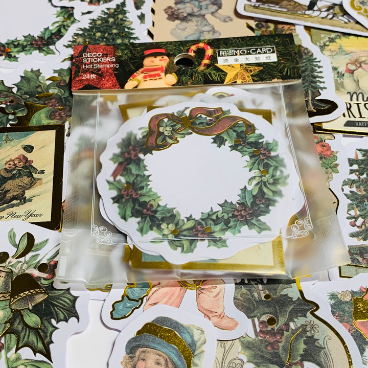 A SNOW DAY VICTORIAN CHRISTMAS And Gold Foiled Ephemera Stickers Pack ~ 24 Pieces ~ 3 Inches