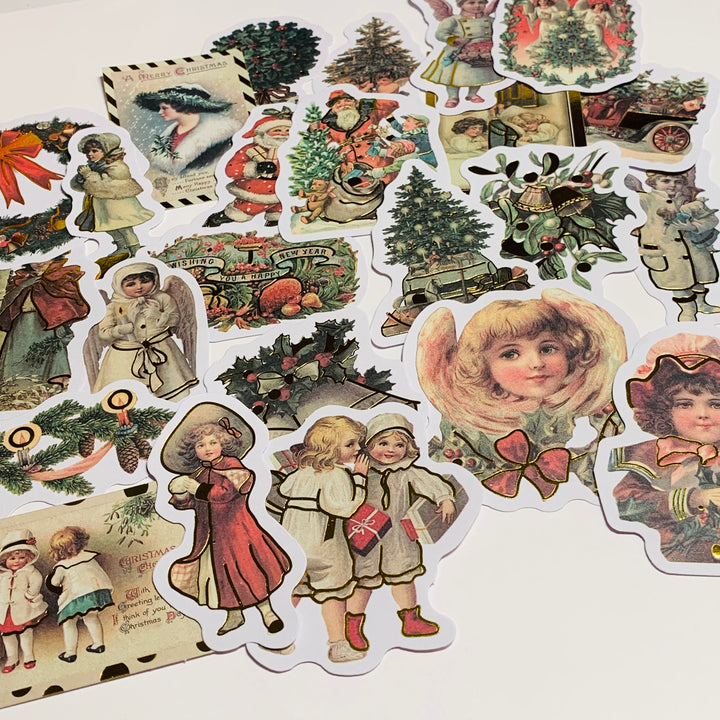 A VICTORIAN CHRISTMAS With BELLS And Gold Foiled Ephemera Stickers Pack ~ 24 Pieces ~ 3 Inches