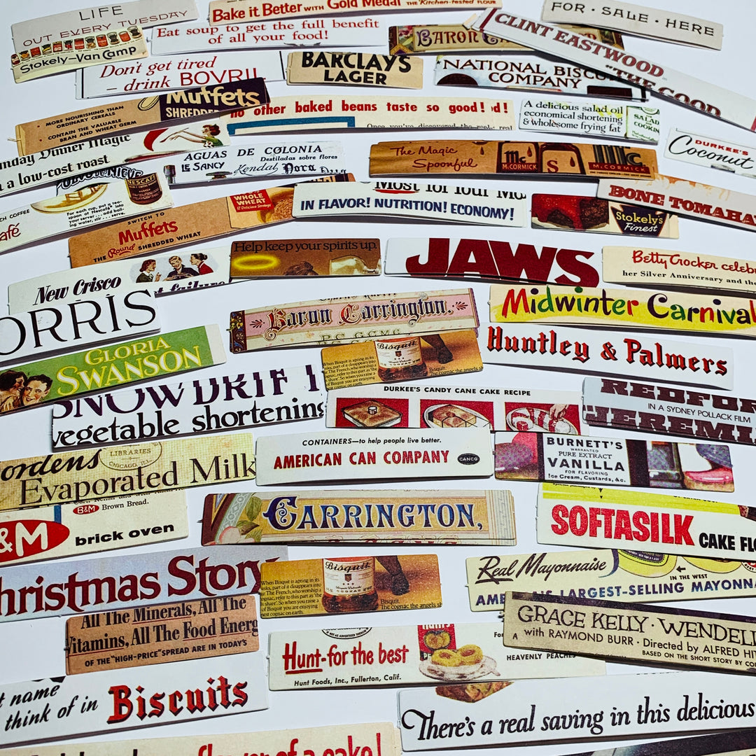 VINTAGE ADVERTISING & MOVIE STICKER STRIPS Ephemera Pack ~ 100 Pieces ~ 50-120mm