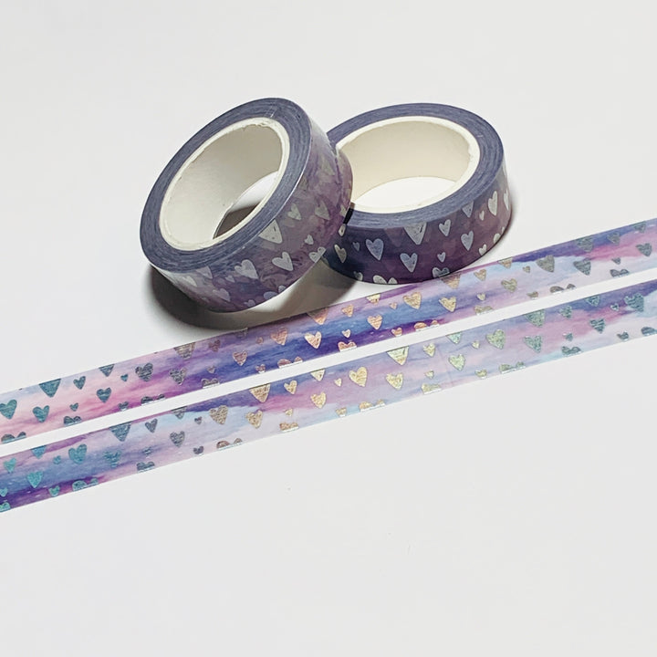 DOODLED SILVER FOIL HEARTS OMBRE PURPLE Washi Tape ~ 1 Roll ~ 15mm x 10m (33 Feet)