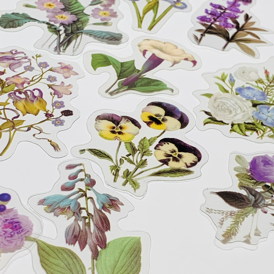 ROMANTIC BLUE & PURPLE WILDFLOWERS Peelable Stickers Pack ~ 40 Pieces, Each Sticker 85-105mm