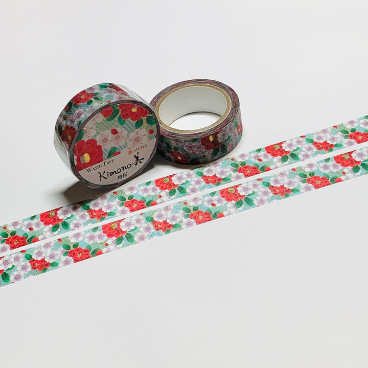 KIMONO CAMELLIA And CHERRY BLOSSOMS Gold Foil Saien Washi Tape ~ 1 Roll ~ 15mm x 7m (23 Feet)