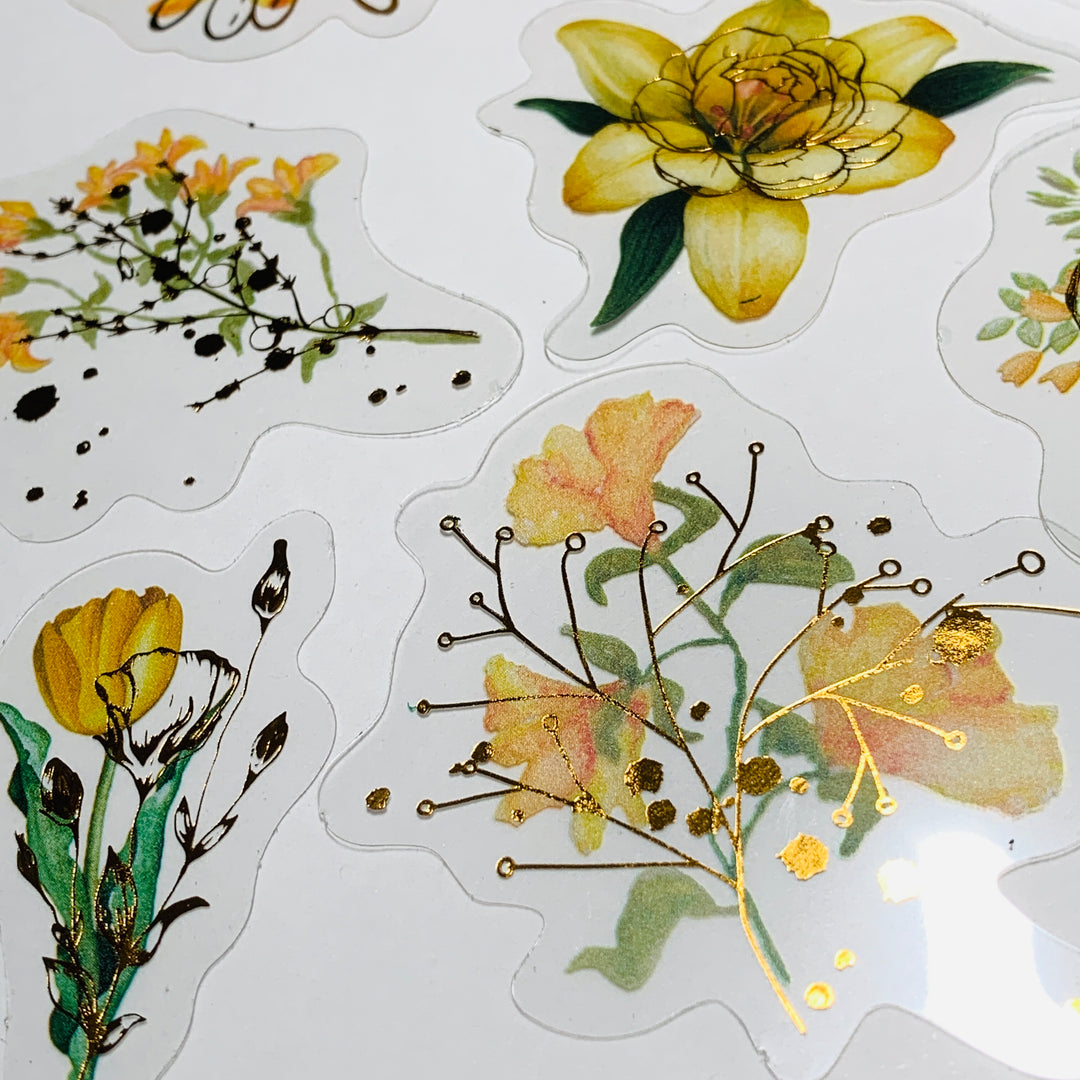 DAISY IS FULL YELLOW FLORAL ASSORTMENT Gold Foil Peelable Sticker Pack ~ 30 Pieces, Each Sticker 51-65mm