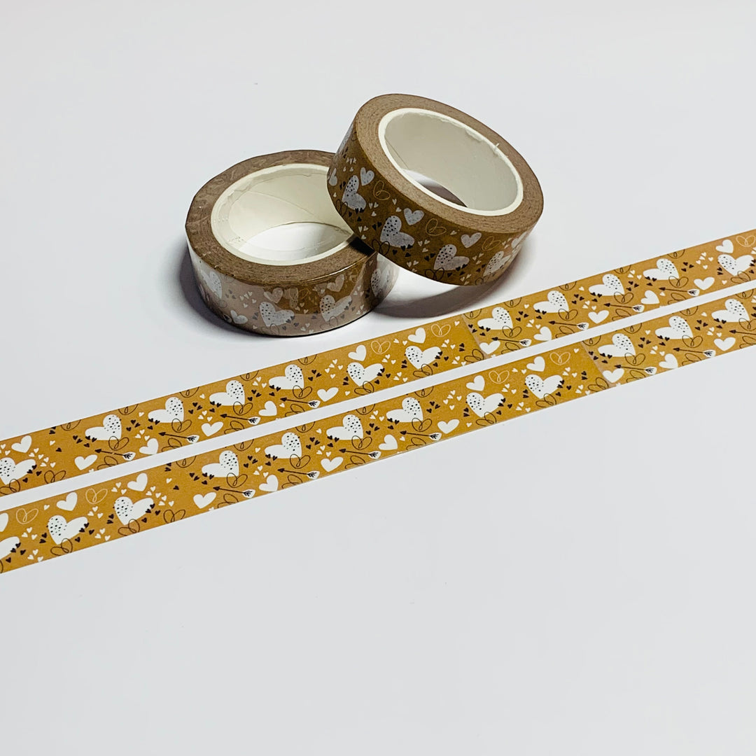 GOLDEN HEARTS & ARROWS VALENTINE Washi Tape ~ 1 Roll ~ 15mm x 10m (33 Feet)