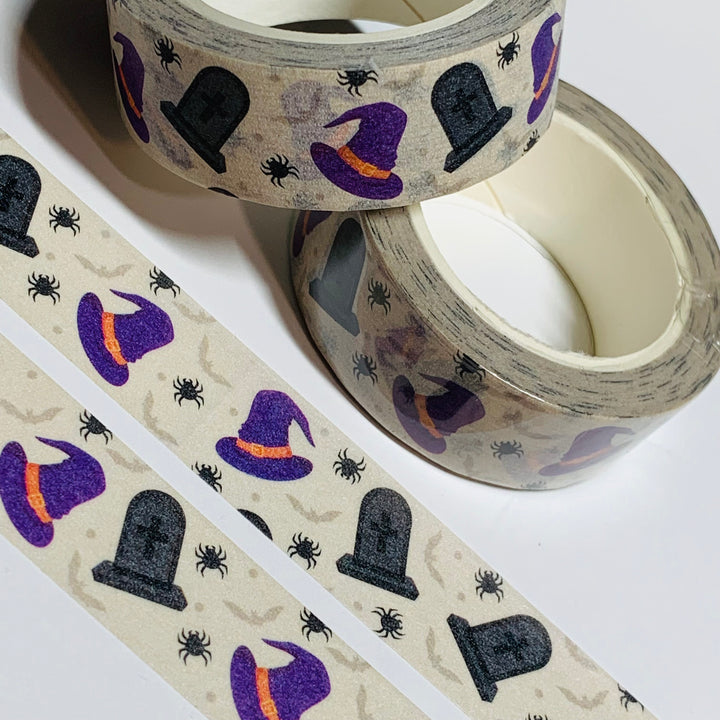 WITCH HATS And TOMBSTONES Halloween Washi Tape ~ 1 Roll ~ 15mm x 10m (33 Feet)