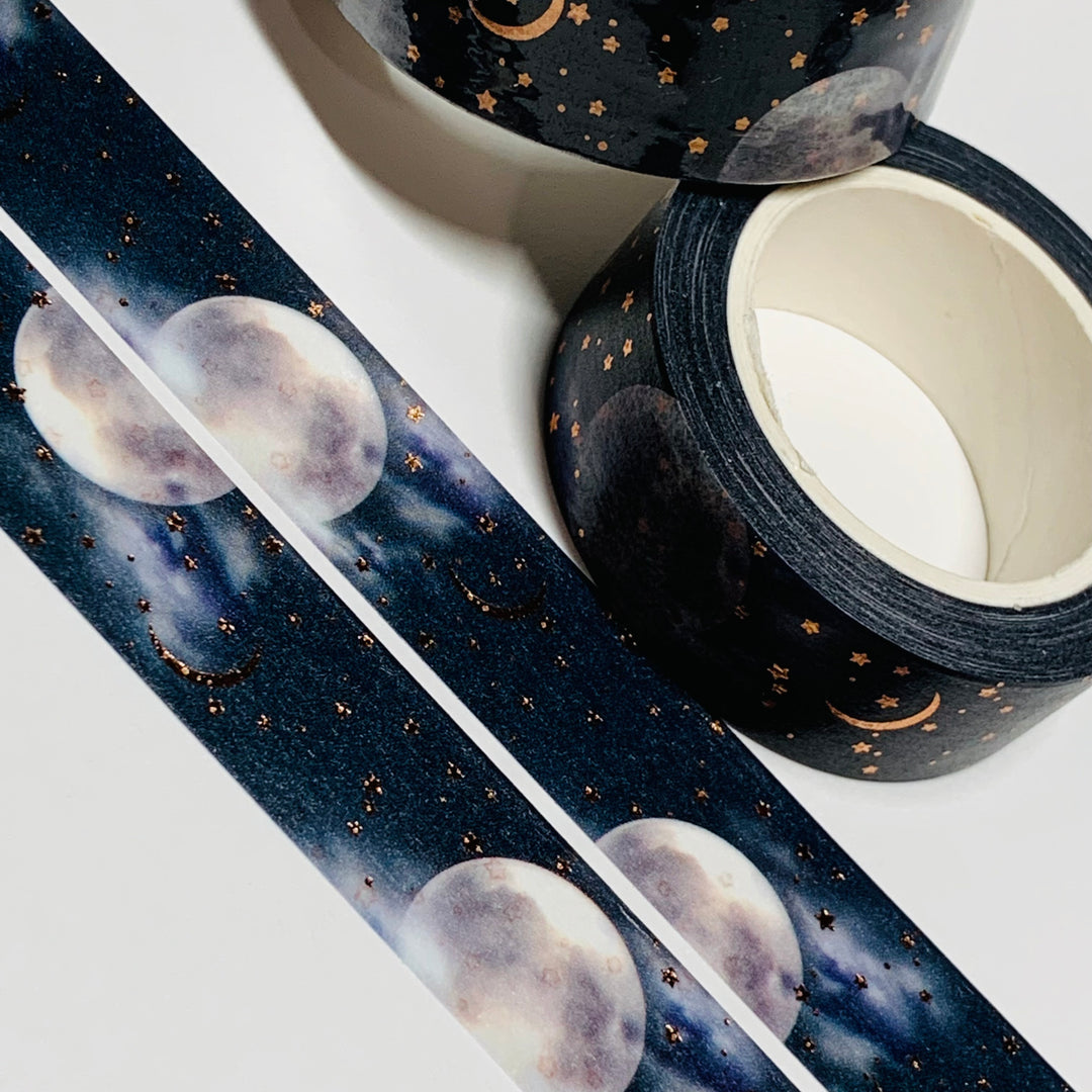 SMOKY FULL MOON With ROSE GOLD Stars & Crescent Washi Tape ~ 1 Roll ~ 15mm x 10m (33 Feet)