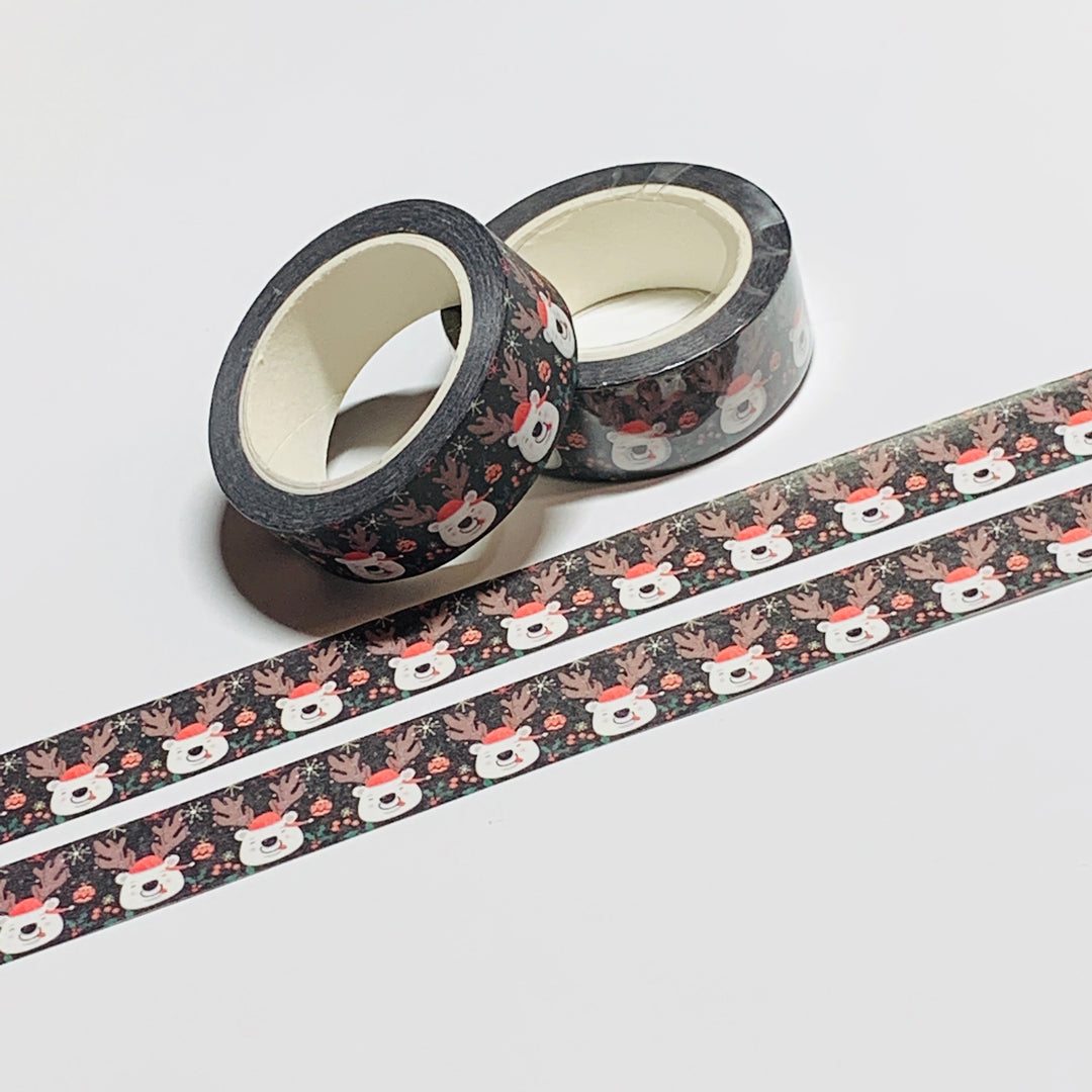 FESTIVE POLAR BEAR With REINDEER ANTLERS Holiday Washi Tape ~ 1 Roll ~ 15mm x 10m (33 Feet)