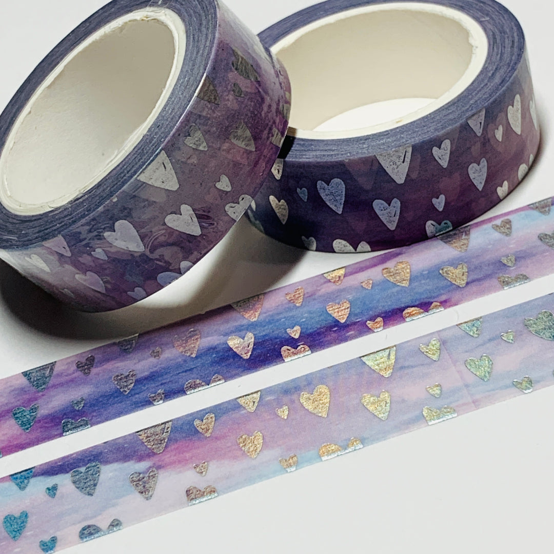 DOODLED SILVER FOIL HEARTS OMBRE PURPLE Washi Tape ~ 1 Roll ~ 15mm x 10m (33 Feet)