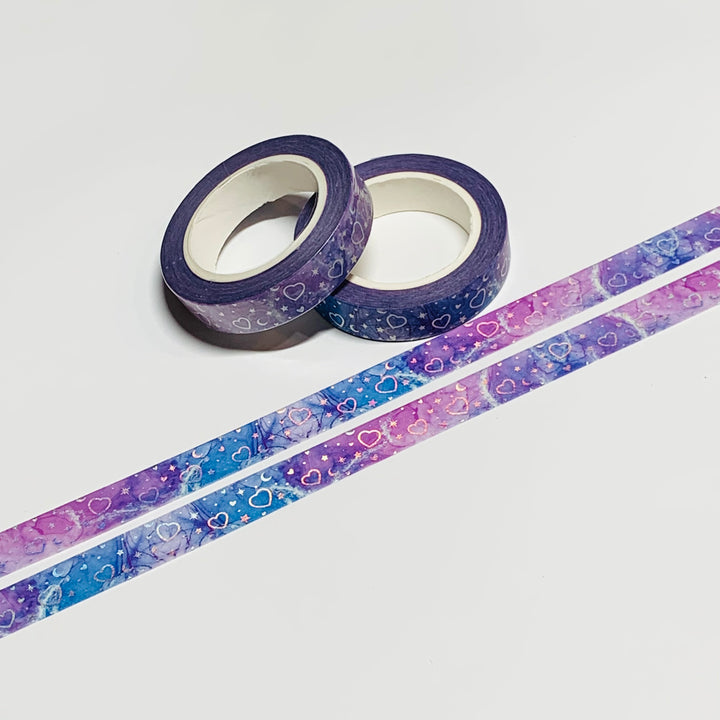 CLUSTERED HEARTS STARS & MOONS Holographic Silver Foil Washi Tape ~ 1 Roll ~ 10mm x 10m (33 Feet)