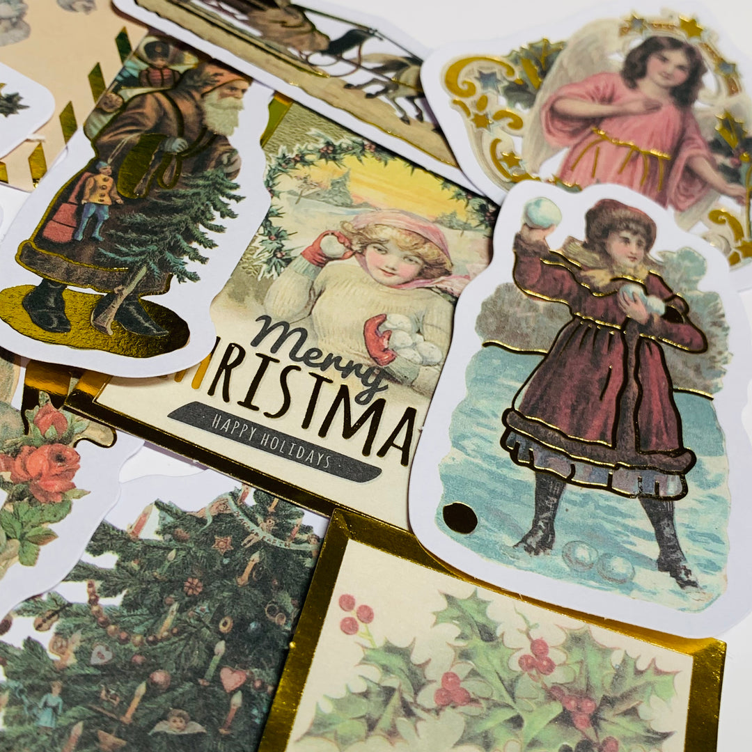 A SNOW DAY VICTORIAN CHRISTMAS And Gold Foiled Ephemera Stickers Pack ~ 24 Pieces ~ 3 Inches