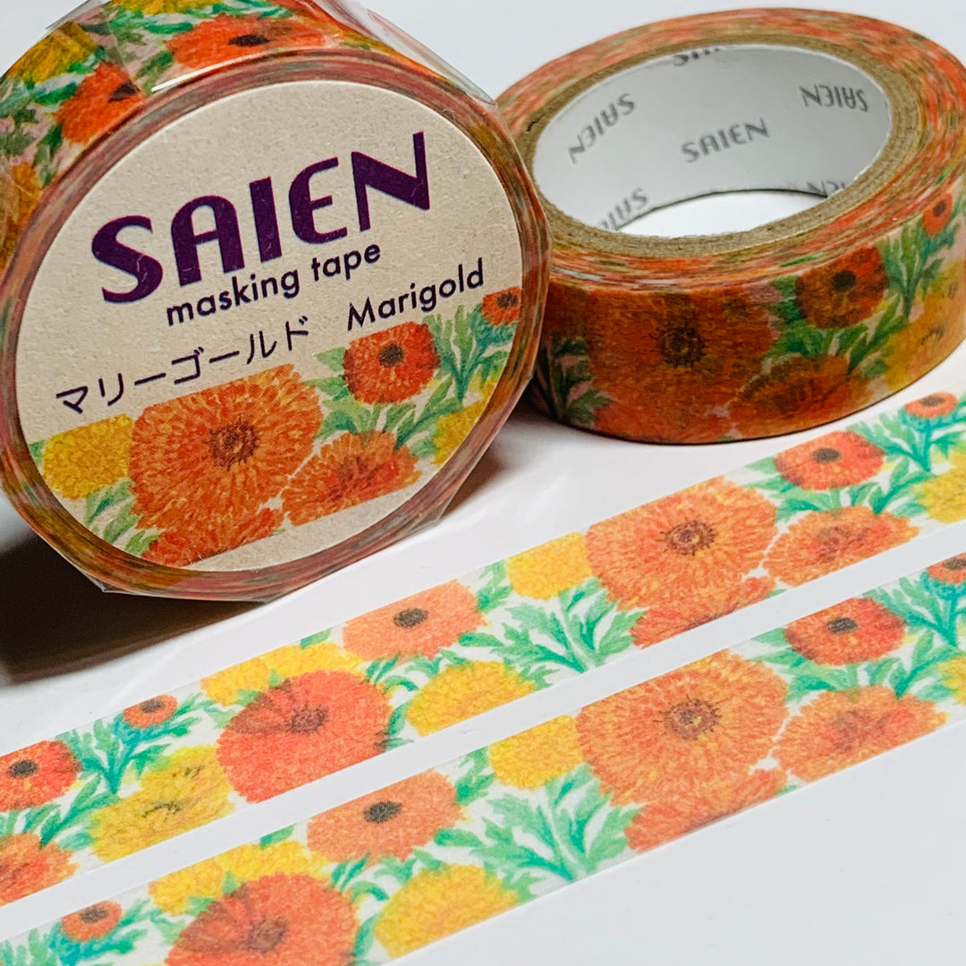 MARIGOLDS In YELLOW & ORANGE FLORAL Saien Masking Washi Tape ~ 1 Roll ~ 15mm x 10m (33 Feet)