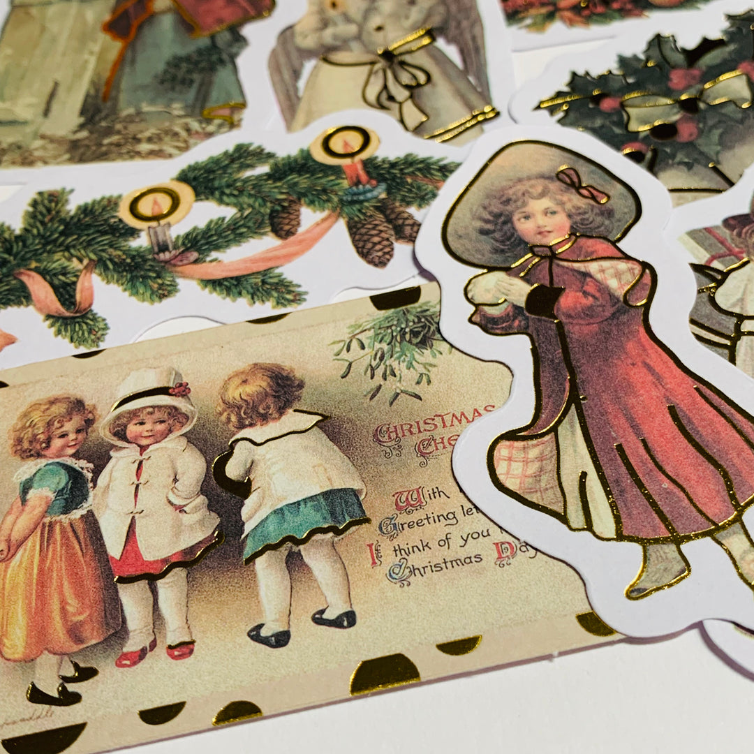 A VICTORIAN CHRISTMAS With BELLS And Gold Foiled Ephemera Stickers Pack ~ 24 Pieces ~ 3 Inches