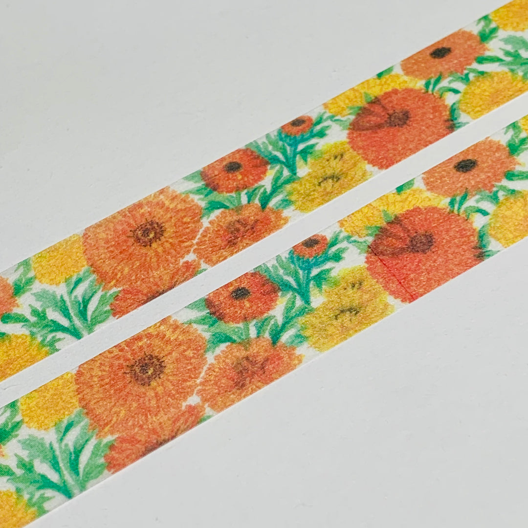 MARIGOLDS In YELLOW & ORANGE FLORAL Saien Masking Washi Tape ~ 1 Roll ~ 15mm x 10m (33 Feet)