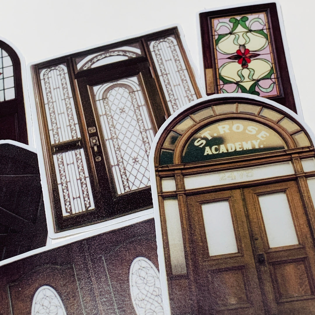 LIBRARY DOORS & WINDOWS Stickers On Photo Print Paper ~ 10 Large Stickers ~ 40-100mm