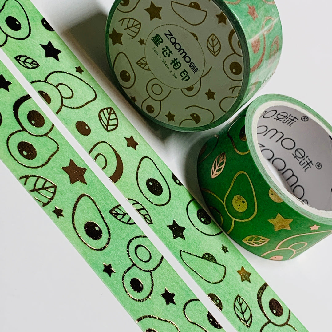 AVOCADO DOODLES & STARS In Gold Foil Washi Tape ~ 1 Roll ~ 20mm x 5m (16 Feet)