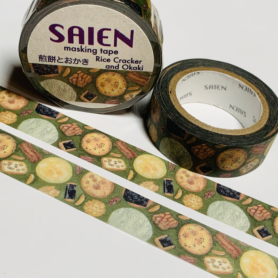 OKAKI & RICE CRACKERS Food Saien Masking Washi Tape - 1 Roll - 15mm x 10m (33 Feet)