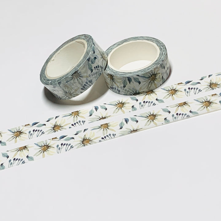FICKLE WHITE DAISIES Floral Washi Tape ~ 1 Roll ~ 15mm x 10m (33 Feet)