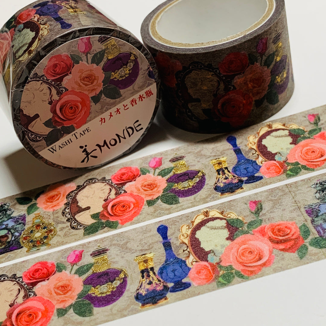 KIMONO MONDE CAMEO And PERFUME BOTTLE Gold Foil Saien Washi Tape ~ 1 Roll ~ 25mm x 5m (16 Feet)