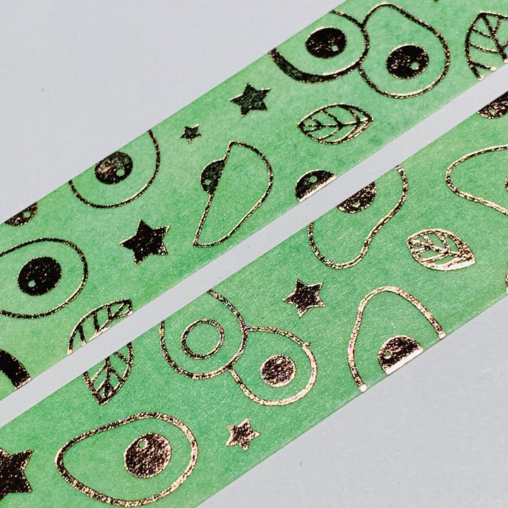 AVOCADO DOODLES & STARS In Gold Foil Washi Tape ~ 1 Roll ~ 20mm x 5m (16 Feet)