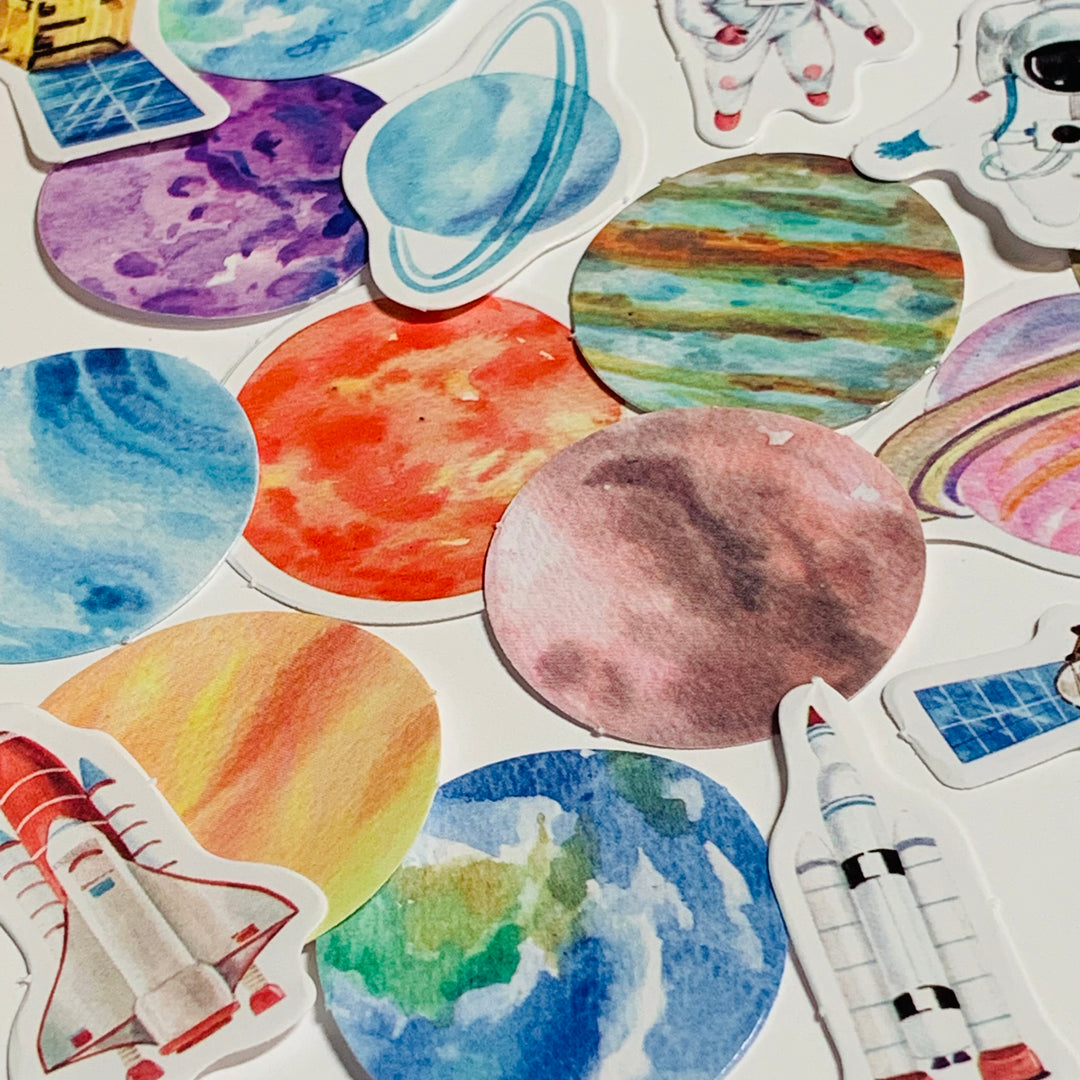 RAINBOW PLANETS & ASTRONAUTS Peelable Stickers  ~ 46 Pieces ~ Each Sticker is Approximately 38mm