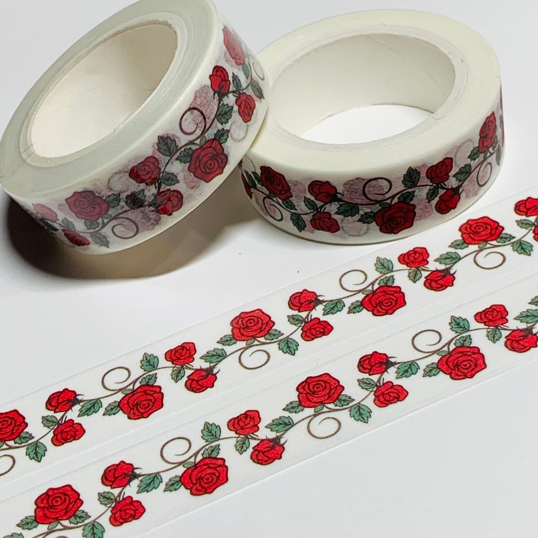 RED ROSES On The VINE Washi Tape ~ 1 Roll ~ 15mm x 10m (33 Feet)